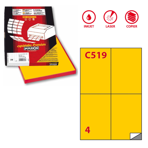 Etichette adesive C/519 - in carta - permanenti - 105 x 148,5 mm - 4 et/fg - 100 fogli - giallo - Markin